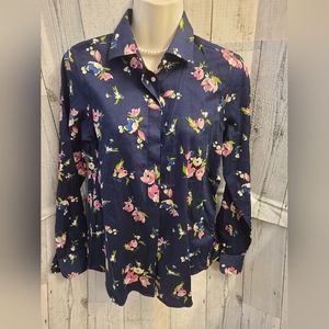 Chaps No Iron Floral Button Down Shirt – Size Small, 100% Cotton, Navy Pink